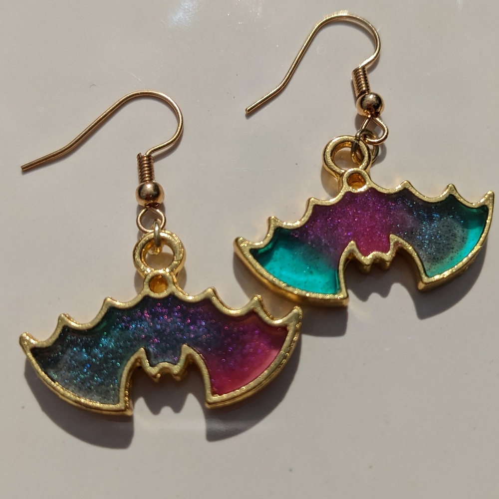 Rainbow Bats Earrings Gold Resin Galaxy Handmade Halloween - Picture 5 of 15